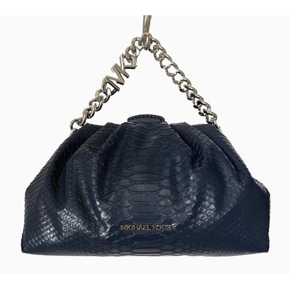 New Michael Kors Nola Small Snake Embossed Crossbody Chain Clutch Black